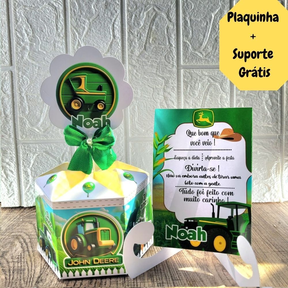 Centro de Mesa John Deere + Plaquinha Cachepô Trator Enfeite Arranjo Lembrancinha Caixinha p/Festa Aniversário