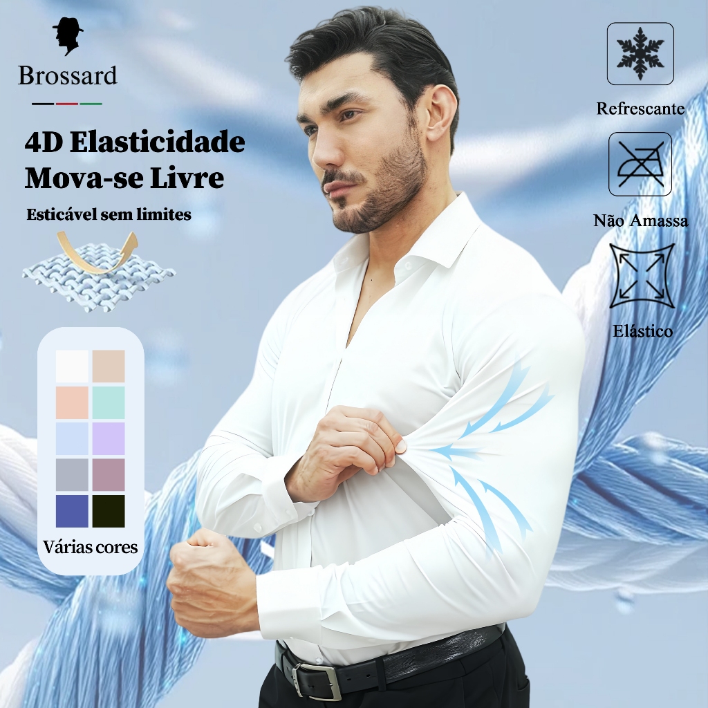 Camisa Social 16% Elastano Premium Roupa Masculina Não Amassa Moda Slim Branca Malha Luxo Elegante
