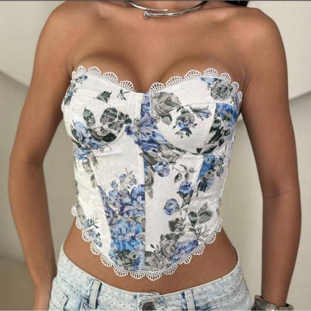 Cropped Corset Floral Tomara que Caia Amarração traseira sexy tendência ano novo em Oferta na Shopee
