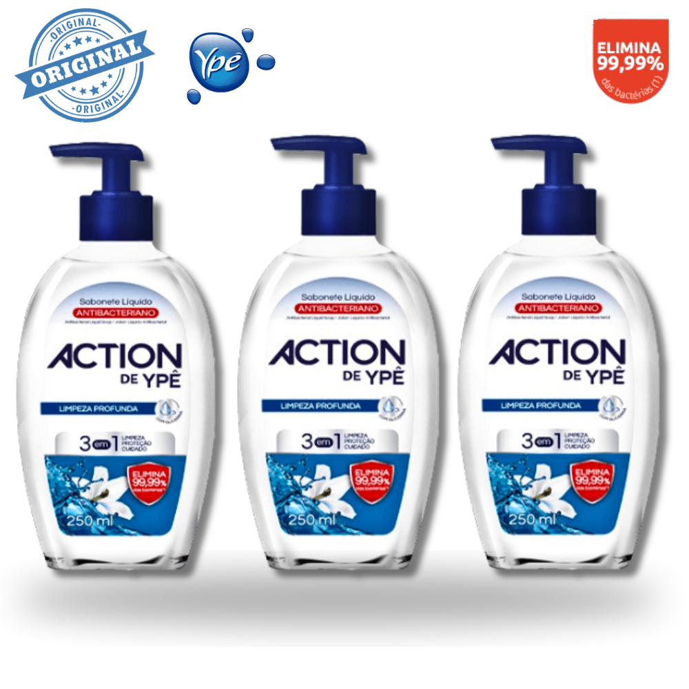 Kit 3 Sabonete Líquido Antibacteriano Ypê Action 250ml Promoção Atacado 3 em 1 Elimina 99% Bactérias em Oferta na Shopee