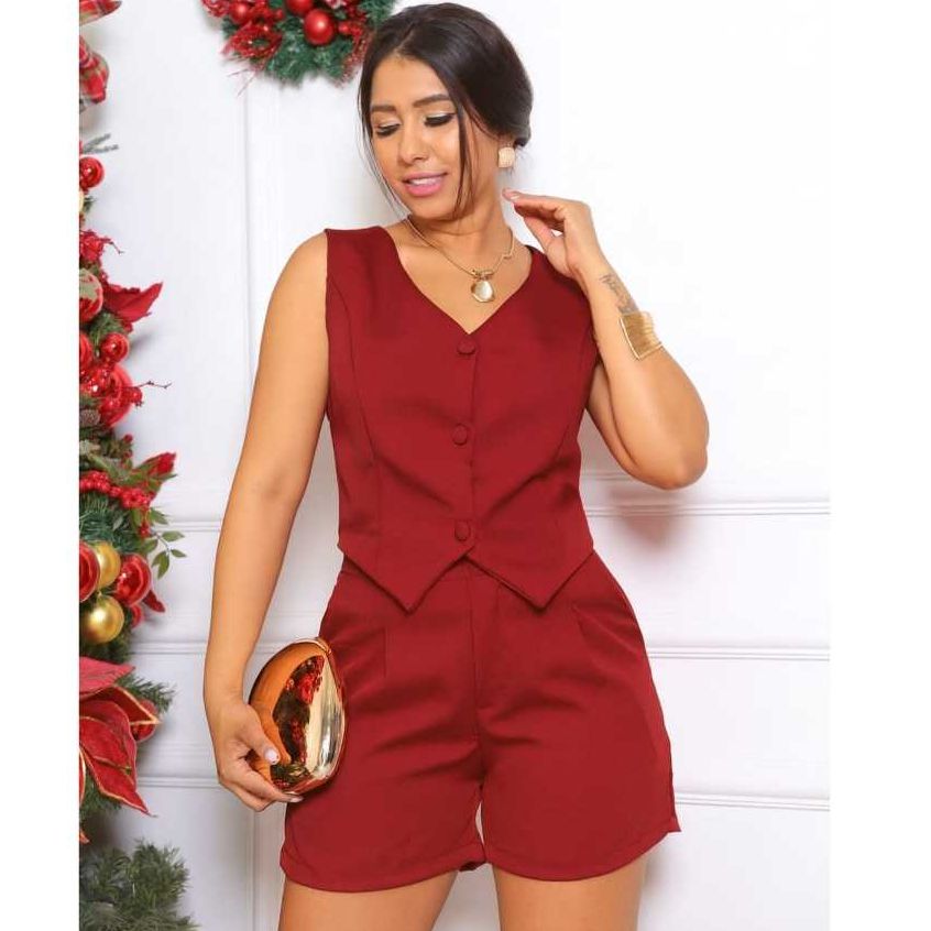 Conjunto Feminino De Short e Colette com Botão forrado Bolsos Laterales Tecido Alfaiataria premium em Oferta na Shopee