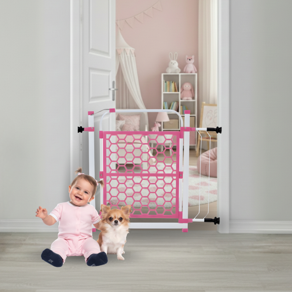 Portão Pet Colorido Grade Para Cachorro 78cm A 83cm Cercado de Proteção Rosa