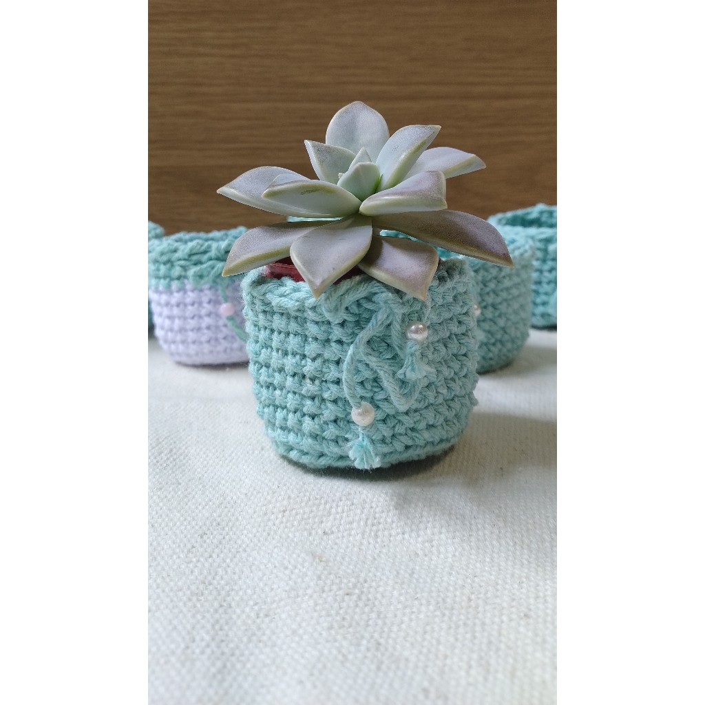 mini cachepô em crochê - cor azul turquesa - unidade