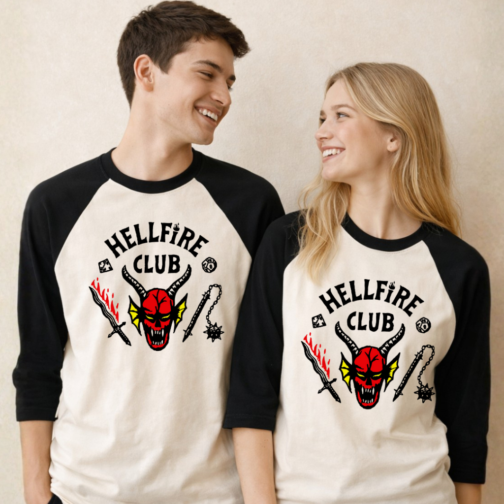 Hellfire Club Camiseta Envio Imediato Personalizada Stranger Things Cosplay Raglan 3/4 Retrô em Oferta na Shopee