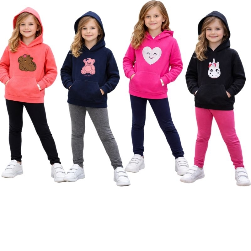 kit 2 peças infantil de Inverno do 2/8 Anos 1 Casaco com bolso canguru e 1 legging Suplex PELUCIADA e TERMICA
