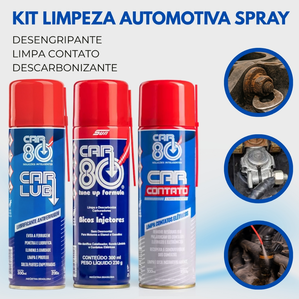 Kit Car80 Desengripante Com Limpa Contato e Descarbonizante Kit 3 em 1