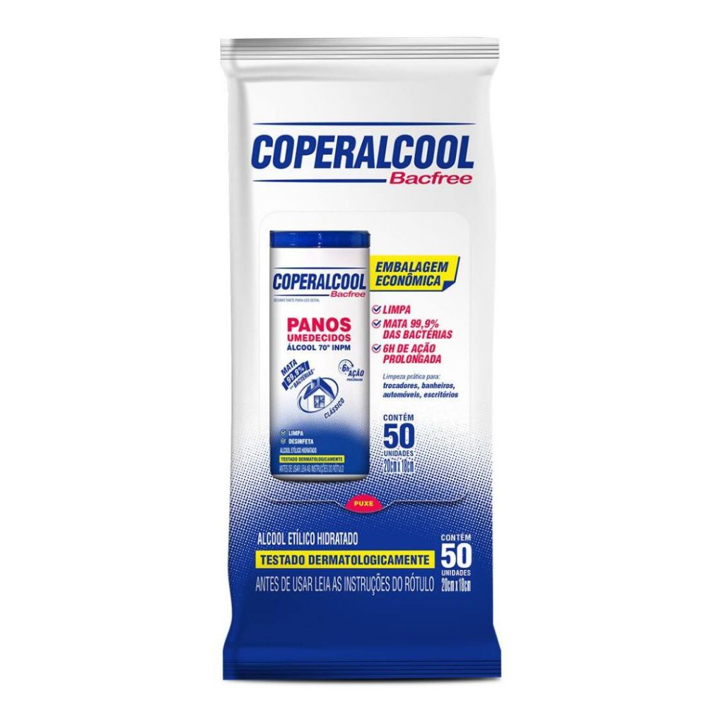 Lenços Umedecidos Coperalcool Bacfree 50un 70° Clássico