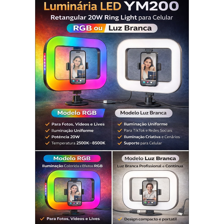 Luminária LED YM200 Retangular 20W Ring Light para Celular Foto Vídeo RGB ou Luz Branca