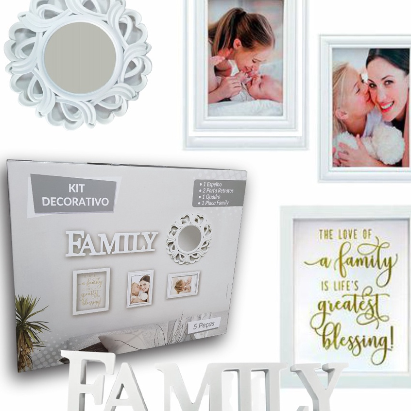 KIT DECORATIVO 5 PECAS, 1 ESPELHO 25.5CM, 2 PORTA RETRATOS, 1 QUADRO E 1 PLACA FAMILY