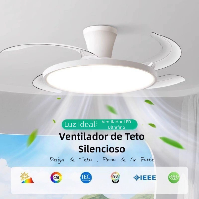 Ventilador De Teto Luminária Plafon 4 Pás Com Controle Remoto 110V-220V LED Retrateis Ultra Silencioso 3 Cores em 1 Luz