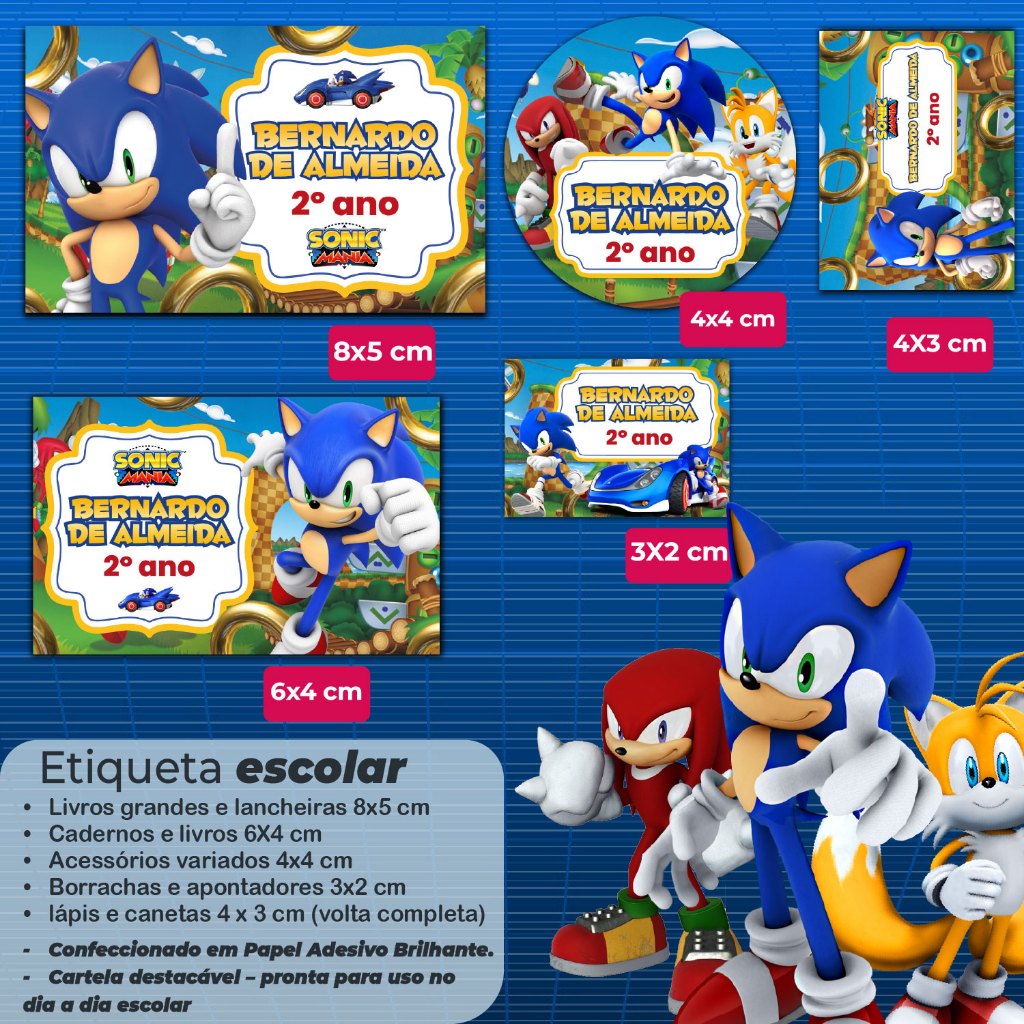 Etiquetas Escolares Personalizadas SONIC - Rótulos adesivos ESCOLAR TURMA DO SONIC