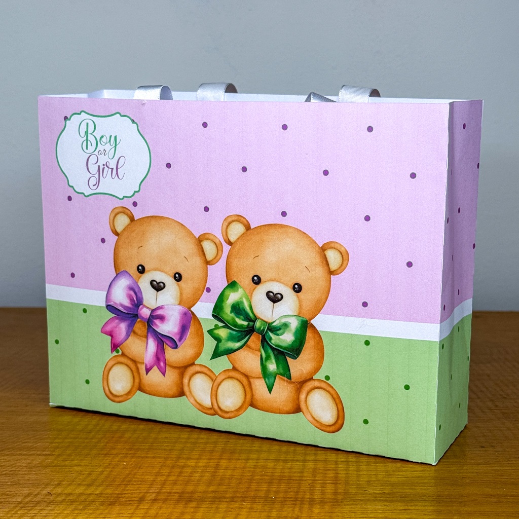 PEGUE E MONTE Kit Sacolinha Personalizada CHA REVELAÇÃO VERDE E LILÁS Festa Aniversário Lembrancinha