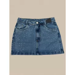 Saia Jeans Curta Trendy com Strass Cintura Alta
