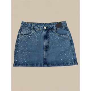 Saia Jeans Curta Trendy com Strass Cintura Alta