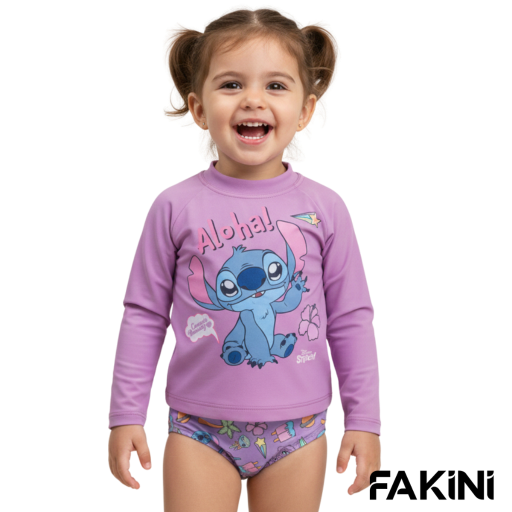 Conjunto Praia Infantil Stitch Menina Manga Longa Proteção UV50+ Biquíni Infantil Conjunto Banho Stitch Blusa Térmica