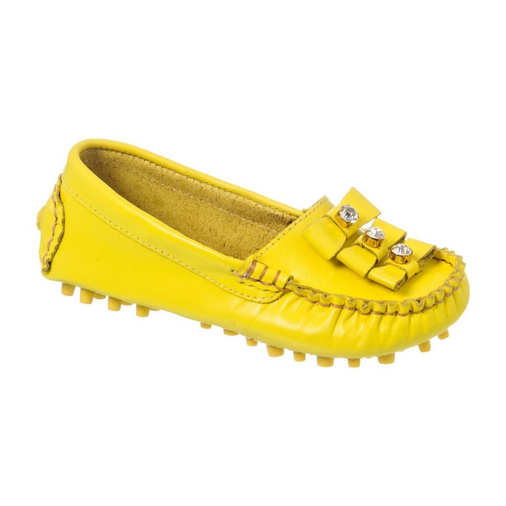Mocassim Infantil Feminino Em Couro Legítimo com 3Laços e Strass