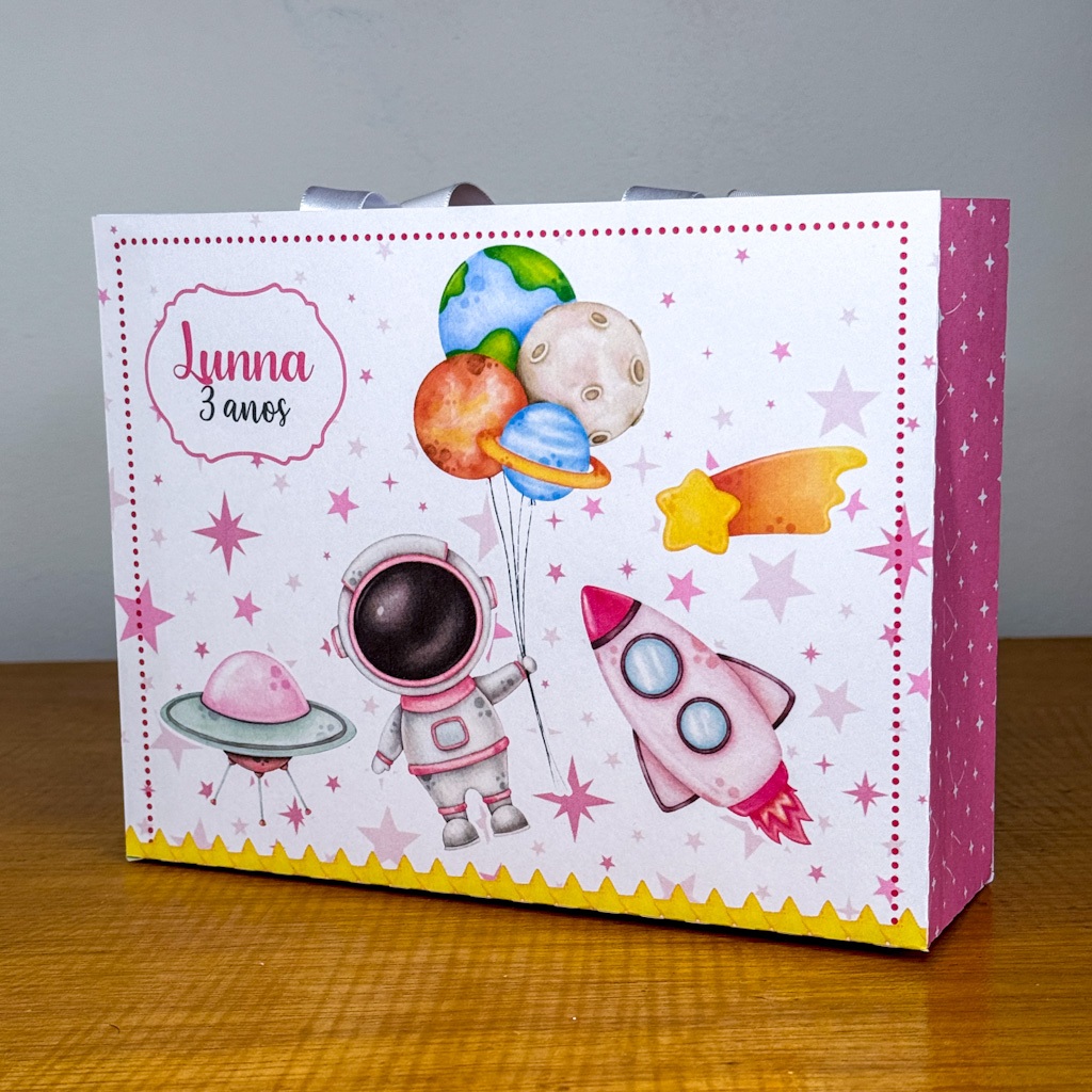 PEGUE E MONTE Kit Sacolinha Personalizada ASTRONAUTA MENINA Festa Aniversário Lembrancinha