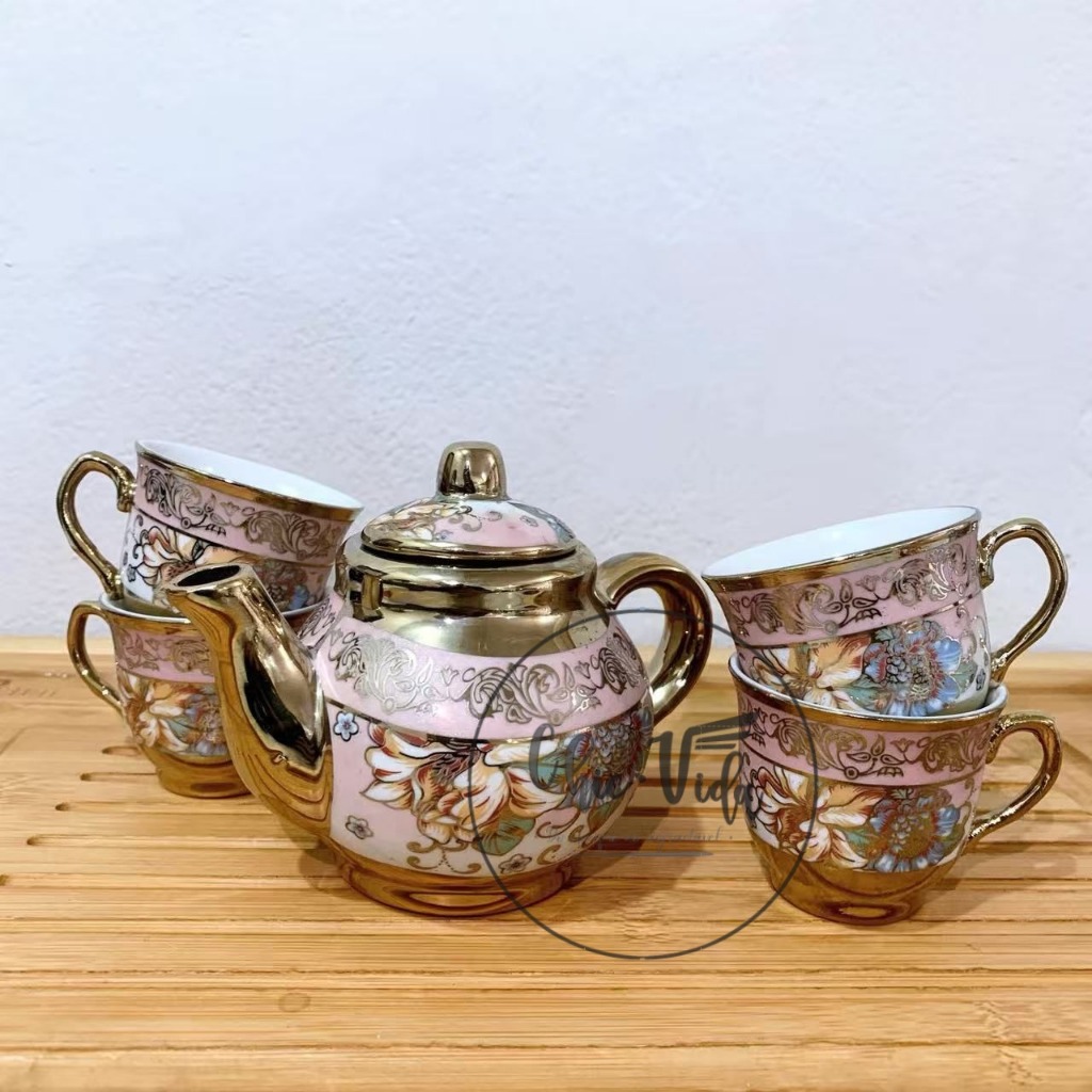 Conjunto Bule e Xicaras Kit 5 Unidades Em Caixa Porcelana