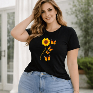 Camiseta Plus Size Premium  Feminina Estampada Do P Ao G5 Girassol Borboletas Academia Treino 100% Algodão Verão em Oferta na Shopee