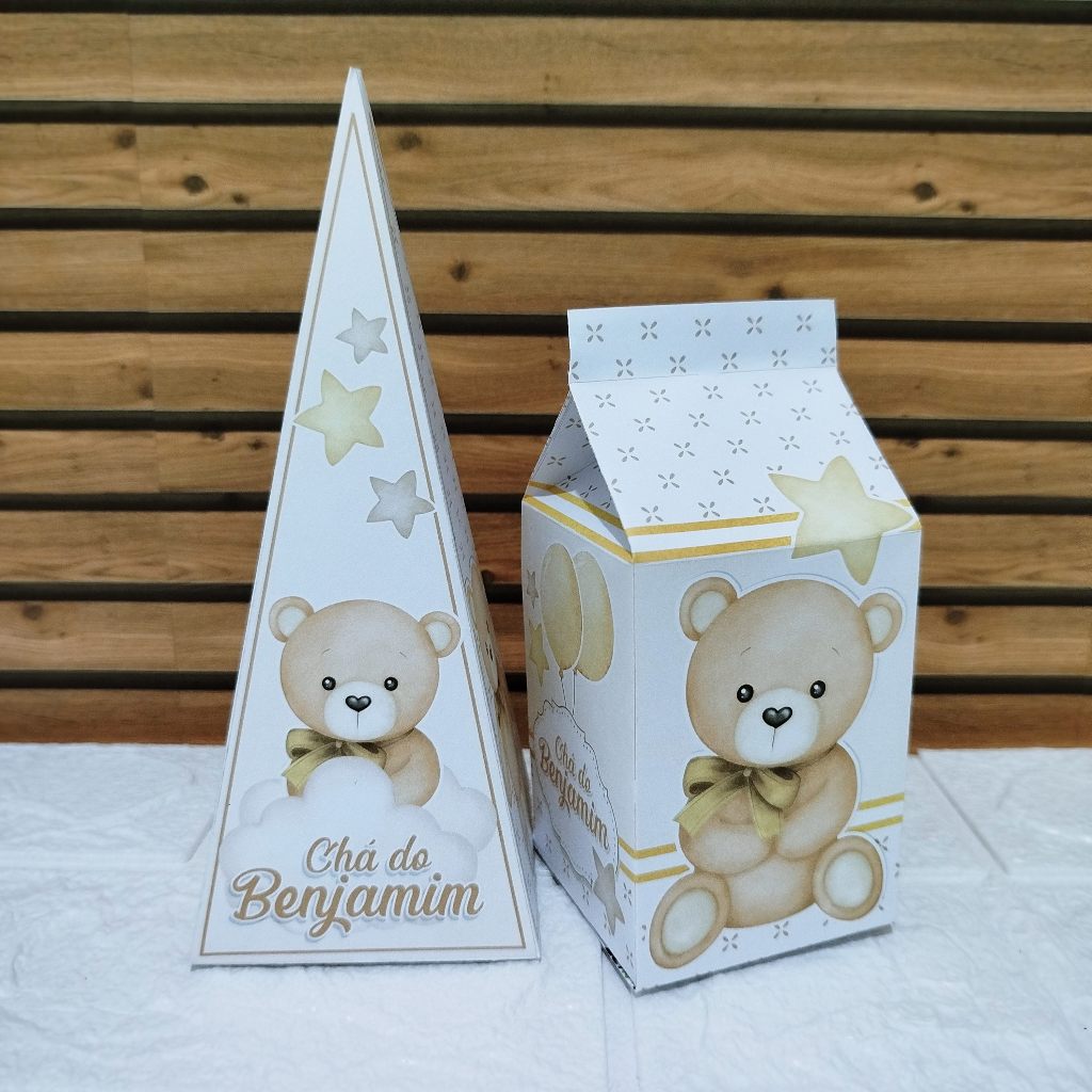 kit festa caixinhas - Tema Ursinho marrom e dourado chá de bebe Personalizados  caixinhas temáticas para decoração