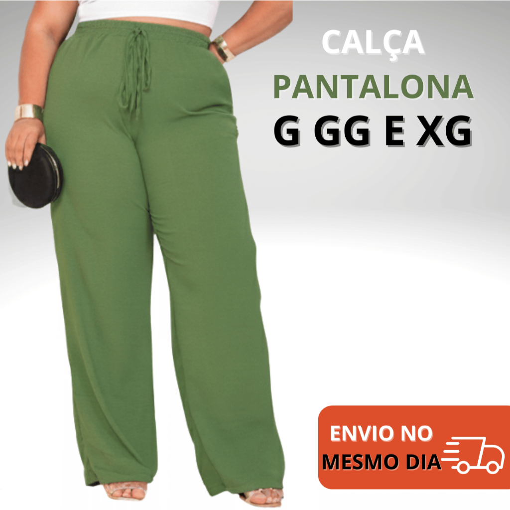 Calça Pantalona Plus Size Feminina Elástico Na Cintura Com Bolso Cintura Alta Tecido Duna