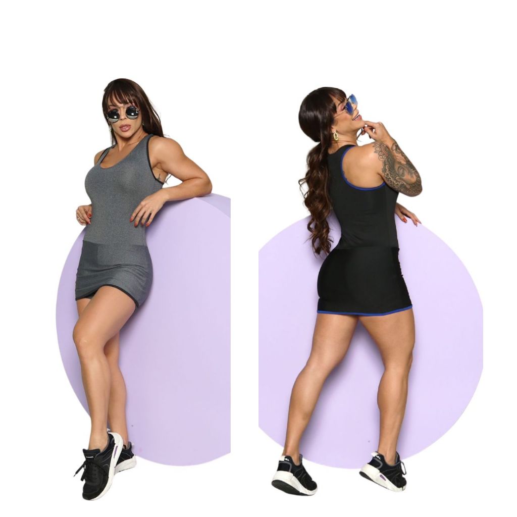 Kit 2 Macacão Curto Com Saia Suplex Feminino Fitnes Academia