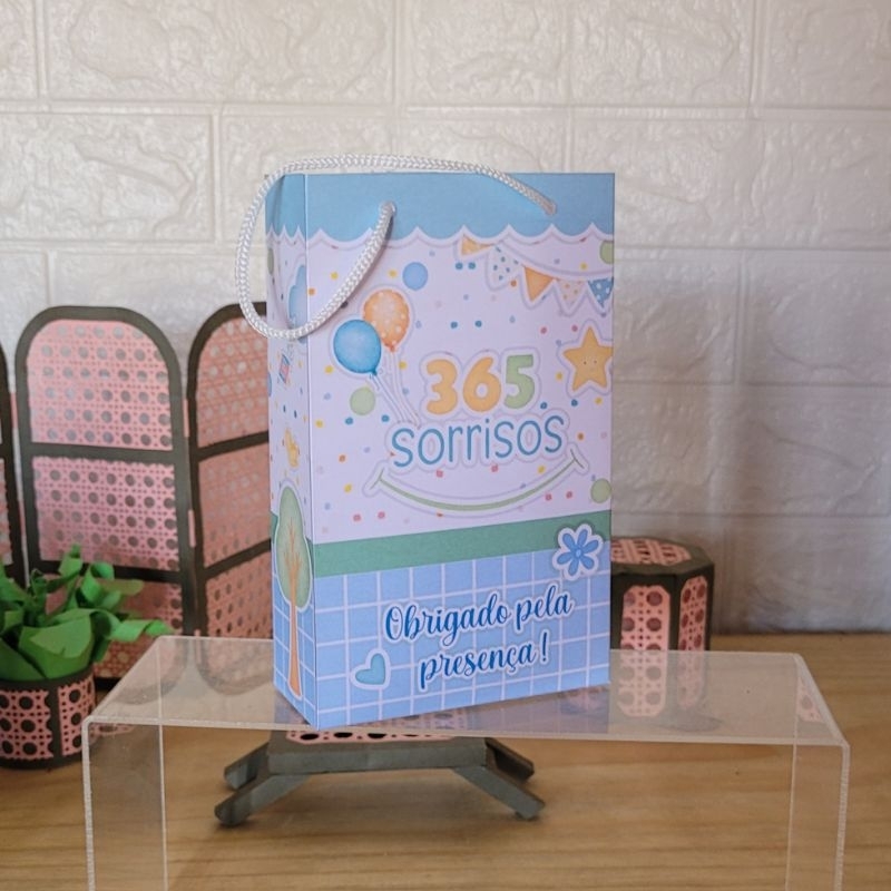 Sacolinha Festa Surpresa Personalizada 365 Sorrisos Azul Lembrancinha de Aniversário Sacola Pegue e Monte Envio Rápido
