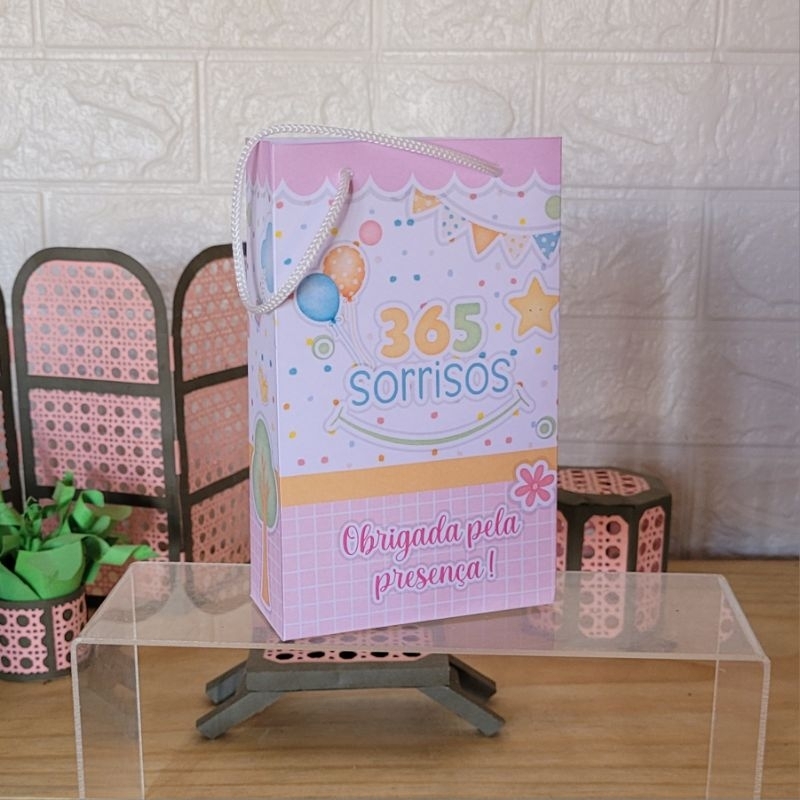 Sacolinha Festa Surpresa Personalizada 365 Sorrisos Rosa Lembrancinha de Aniversário Sacola Pegue e Monte Envio Rápido