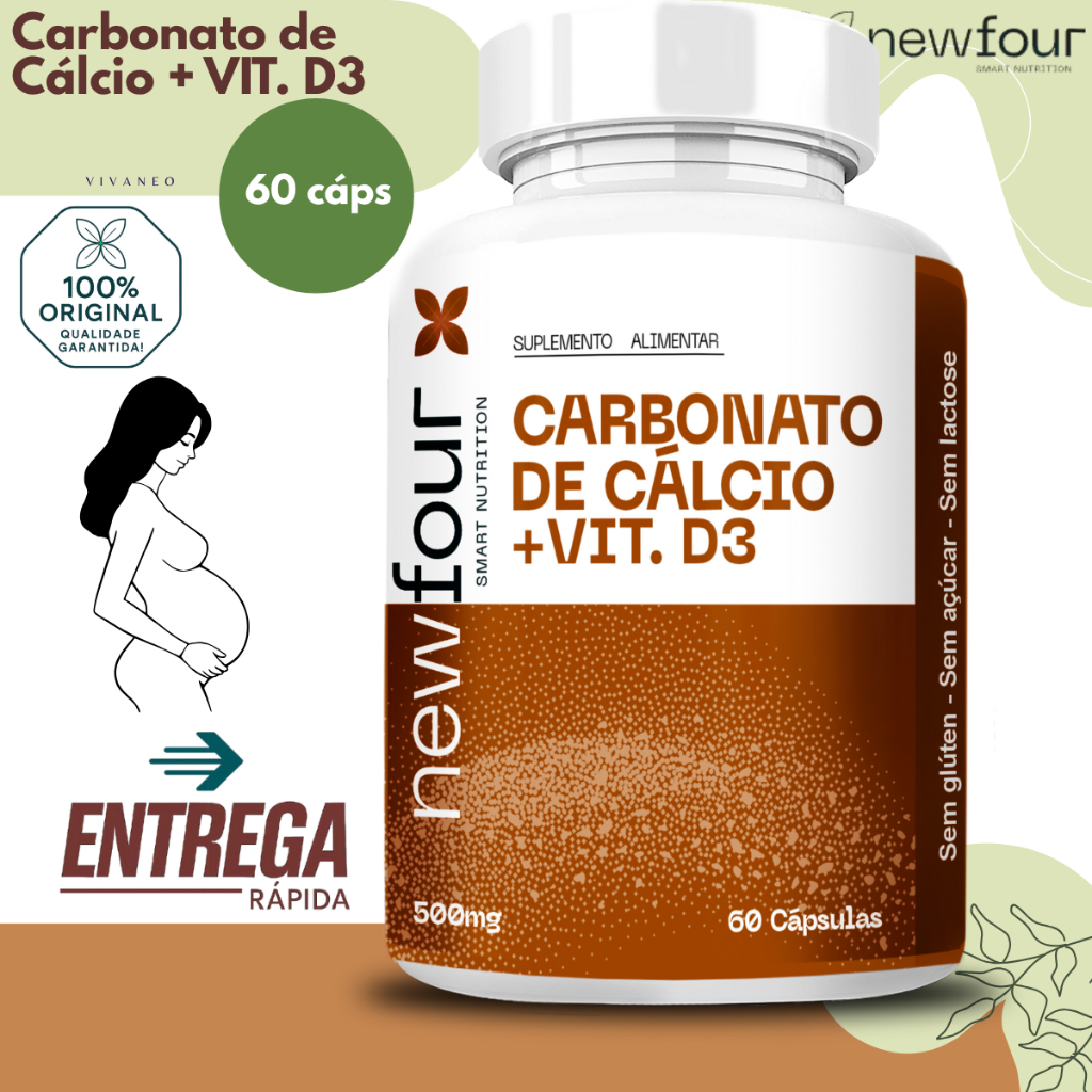 Carbonato de Cálcio + Vitamina D3 500mg 60 Cápsulas Gravidez Saúde Óssea - New Four