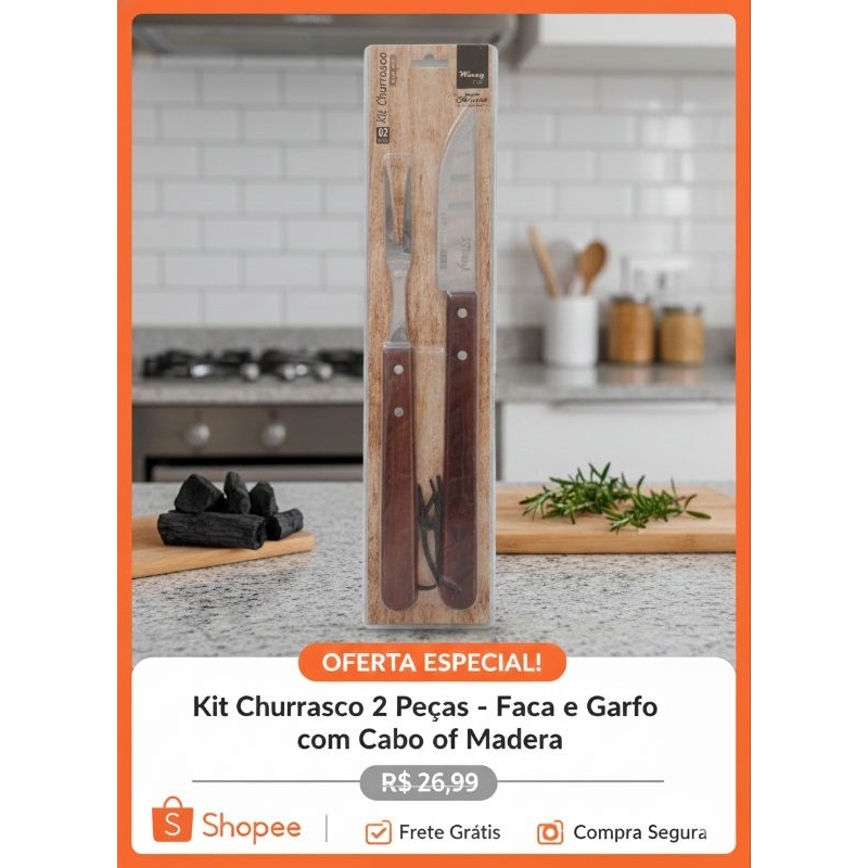 Kit Churrasco Profissional Wincy - Faca e Garfo em Aço com Cabo Madeira