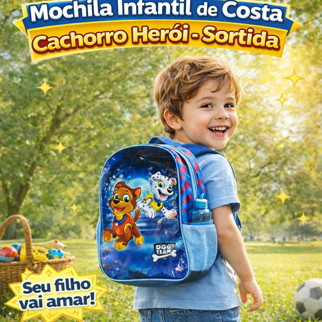 Mochila Infantil de Costa Cachorro Herói - Sortida Escola Creche Passeio Volta ás aulas