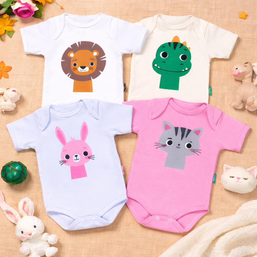 Body Para Bebê Manga Curta Bichinhos Cores - Até 12 meses