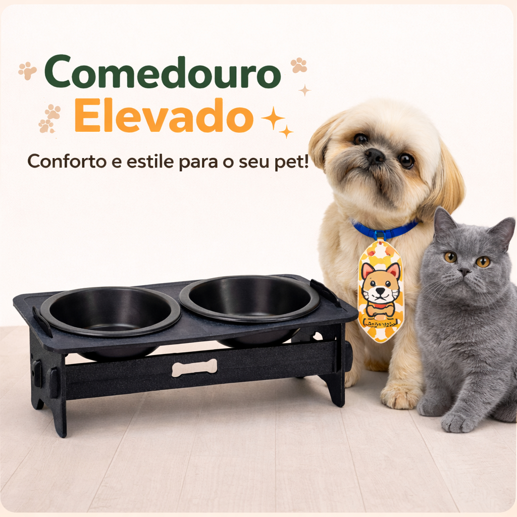 Comedouro Duplo  Elevado Pet Suspenso para Cachorro e Gatos 2 Tigelas de Plástico Antifundos  Preto em Oferta na Shopee