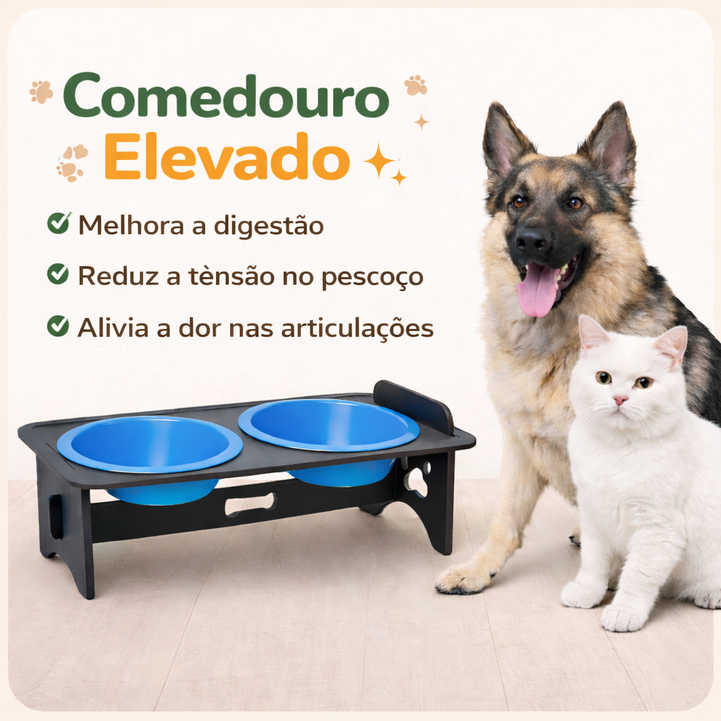 Bebedouro Elevado Pets Totalmente Impermeável Tigela Dupla de Plástico Azul Cães e Gatos