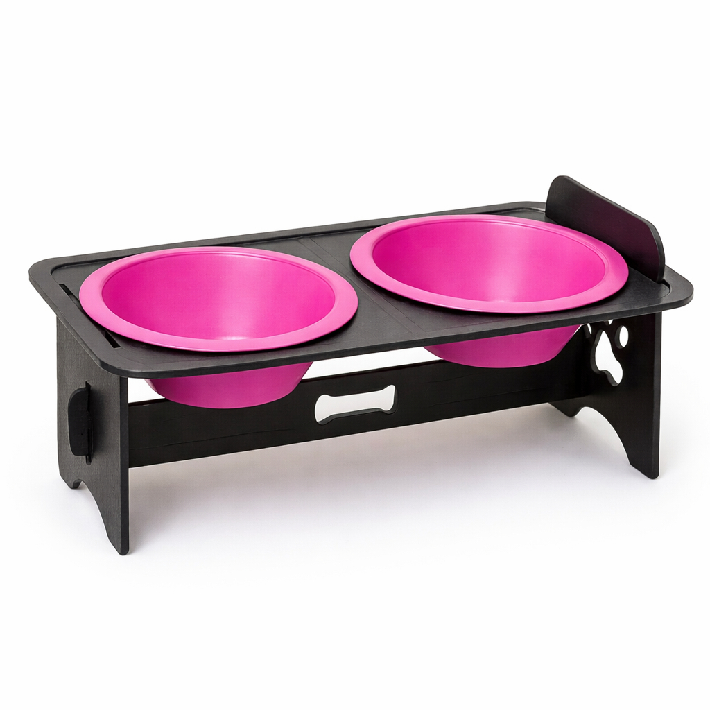 Comedouro Pet Elevado Duplo Gato E Cachorro 2 Tigelas de Plástico Pink com Suporte Antiderrapante