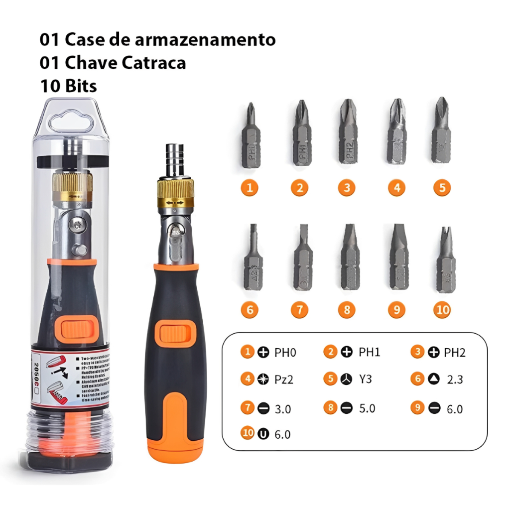 Jogo de chaves de catraca com cabeça cruzada, conjunto de bits multifuncionais de aço — inclui 10 bits em Oferta na Shopee