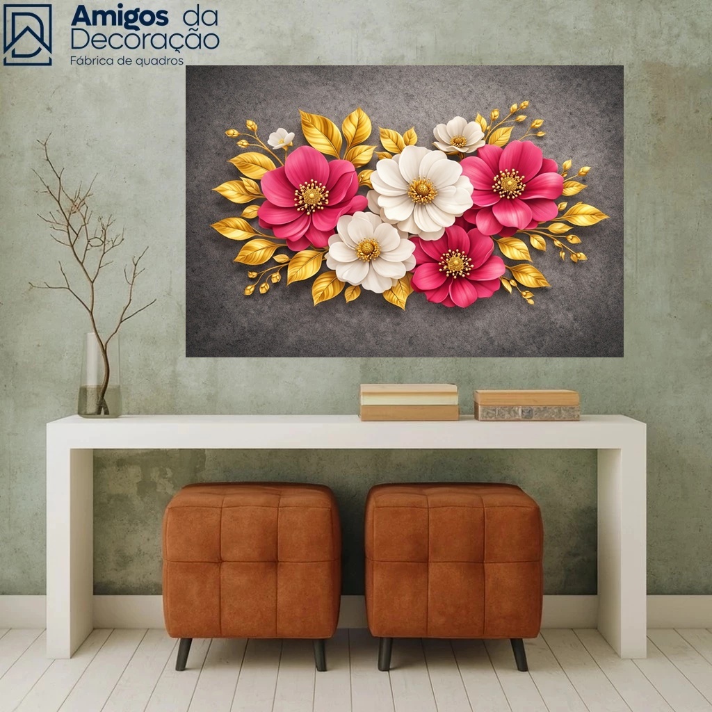 Quadro Decorativo Flores Rosas e Brancas com Folhas Douradas Luxo 90x70 Arte Moderna para Sala Quarto Decoração Parede em Oferta na Shopee