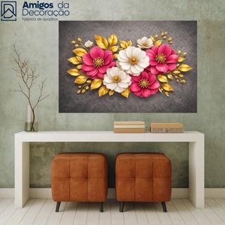 Quadro Decorativo Flores Rosas e Brancas com Folhas Douradas Luxo 90x70 Arte Moderna para Sala Quarto Decoração Parede em Oferta na Shopee