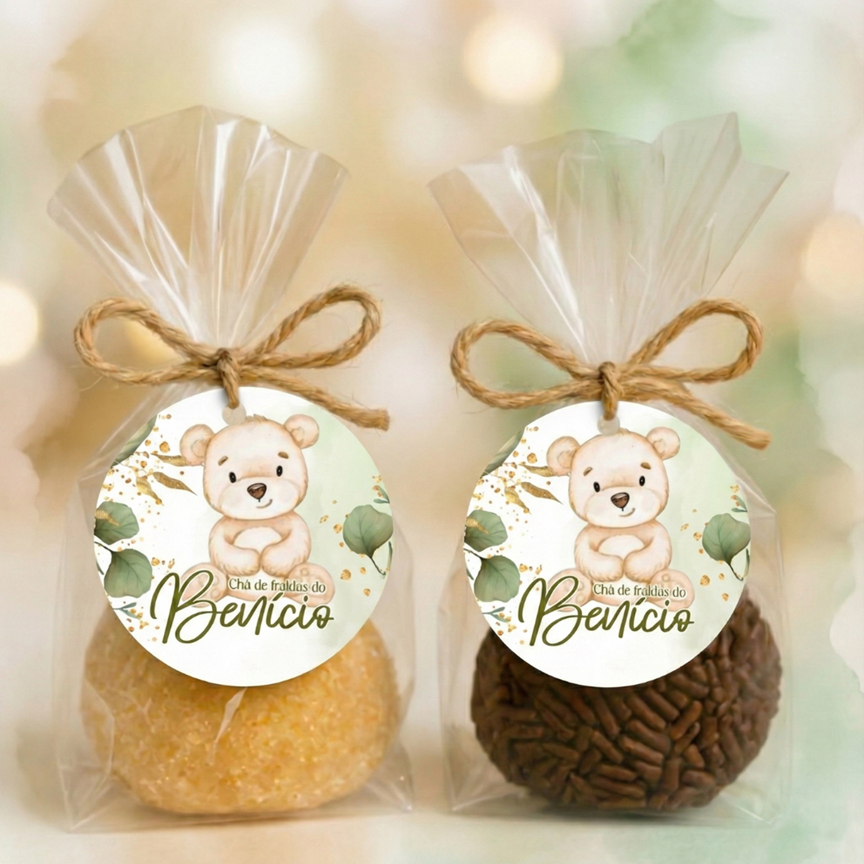 Tag/Etiqueta personalizada Ursinho 4cm redonda,  para chá de bebê menino verde - lembrancinha - chá revelação