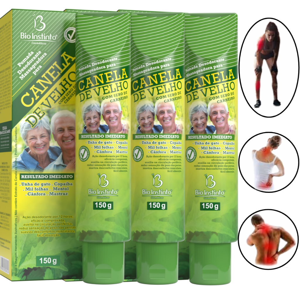 Kit 3 Pomadas Canela de Velho 150g Bio Instinto – Unha de Gato, Copaíba e Mentol - Envio Imediato
