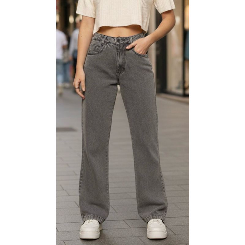 Calça Jeans Feminina Wide Leg Pantalona sem Lycra Marmorizada Cintura Alta Levanta Bumbum Grafite