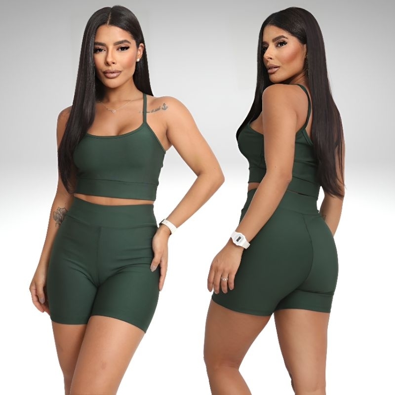 Conjunto Academia Fitness Short e Top Sem Bojo Cintura Alta Moda Fitness Poliamida Zero Transparência
