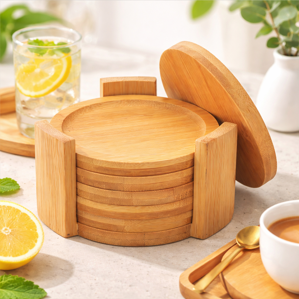 Porta Copos de Bambu Natural com Suporte Conjunto 6 Peças Redondas para Copo Bolacha para Copo em Oferta na Shopee