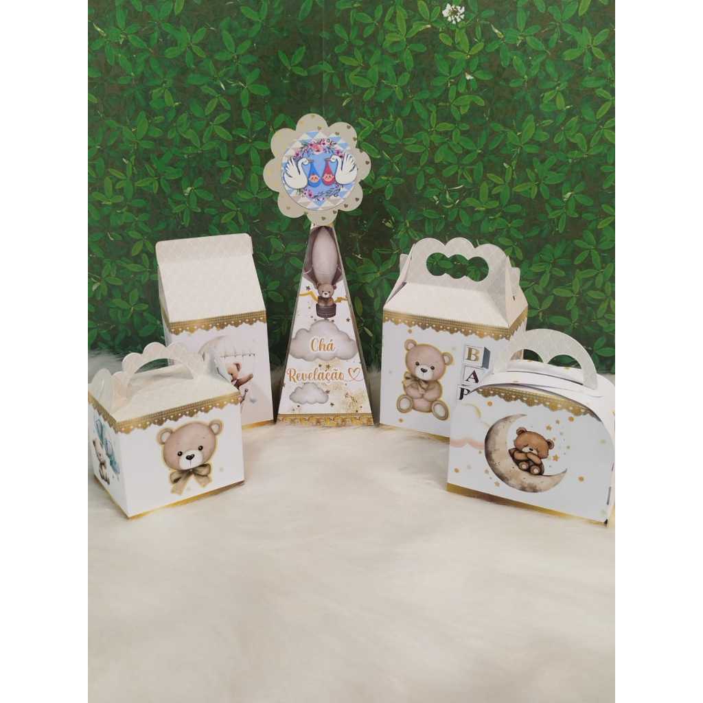 20 Caixinhas - Kit Festa Personalizado Chá Revelação Ursinhos Branco/Dourado Neutro Lembrancinhas Caixinhas para Festa