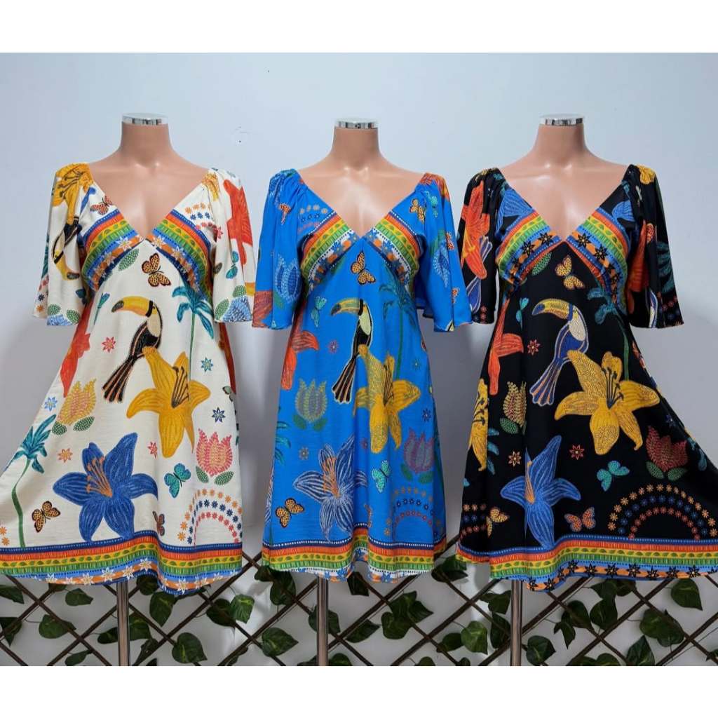 Vestido Adulto Curto Estampado Floral Verão Inspiração Tropical