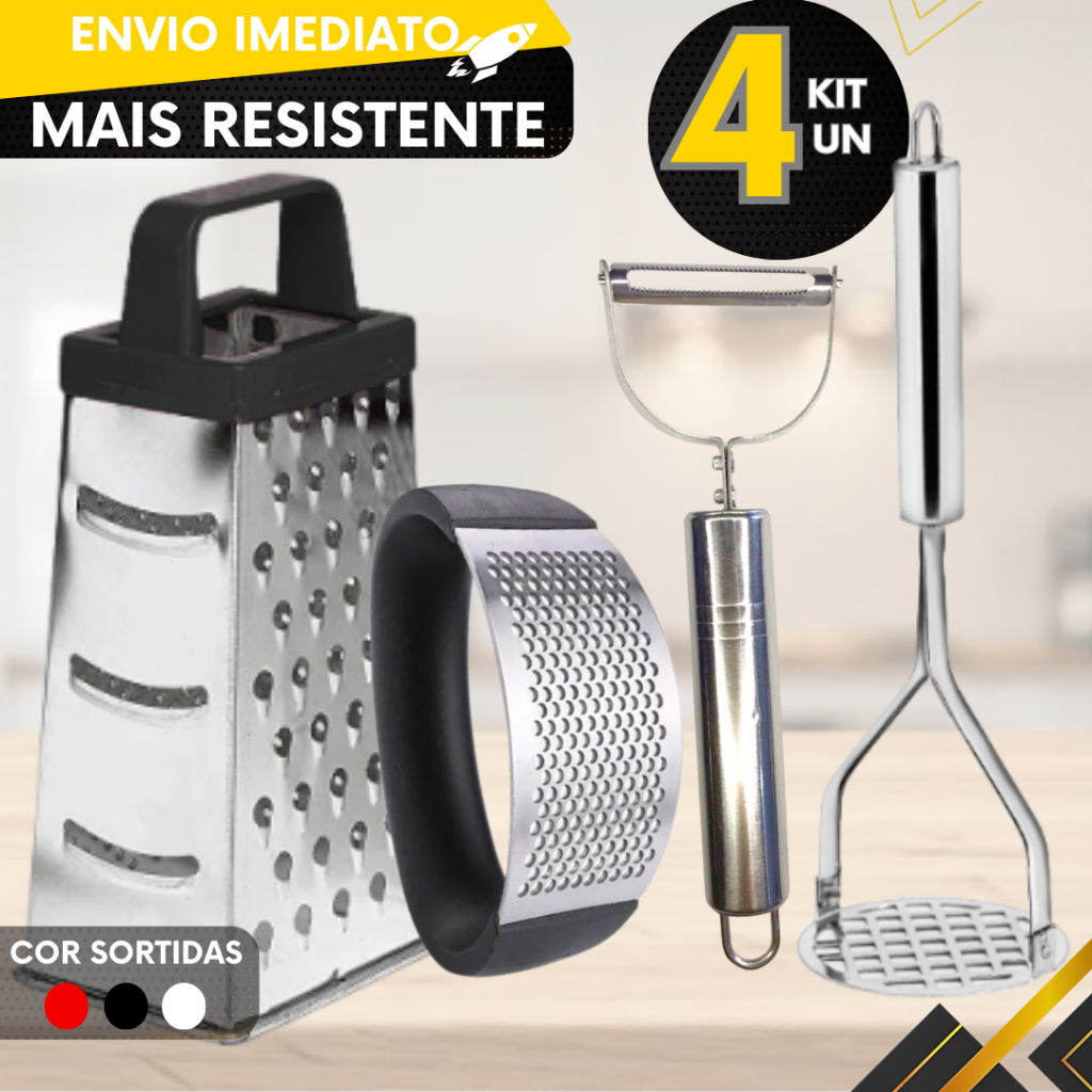 Kit 4 ou 1 un -  Descascador Cortador De Legumes + Ralador 4 Faces Lâminas Inox + Amassador Alho + Amassador de Batata