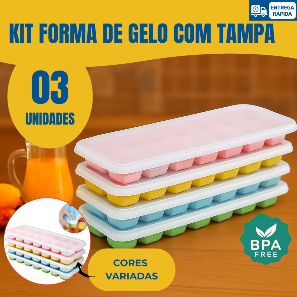 Kit Formas de Gelo Silicone com Tampa Rígida Flexível Fundo 14 Cubos Retangular Multiuso Lavável