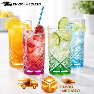 Jogo de 4 Copos vidro  longo Dublin Colorido 360ml suco água drink em Oferta na Shopee