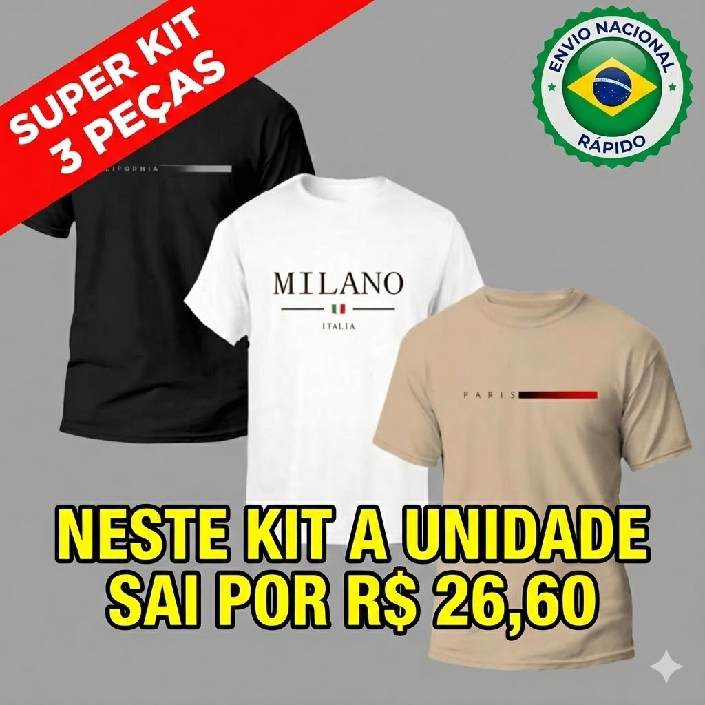 Kit 3 Camiseta Camisa Masculina Paris Milano Minimalista 100% Algodão Malha 30.1 Lançamento Promoção em Oferta na Shopee