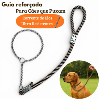 Guia de Corda Reforçada com Corrente Enforcador Coleira de Adestramento para Cães Passeio Anti-Puxão em Oferta na Shopee